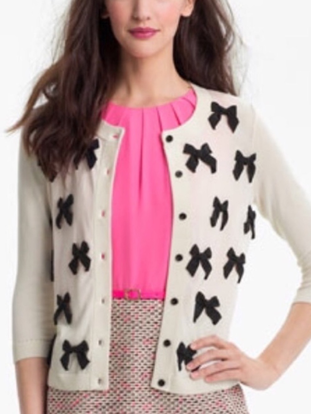 Kate Spade Womens Ruthie Bow Cardigan Sweater Cream with Black Bows Sz Small